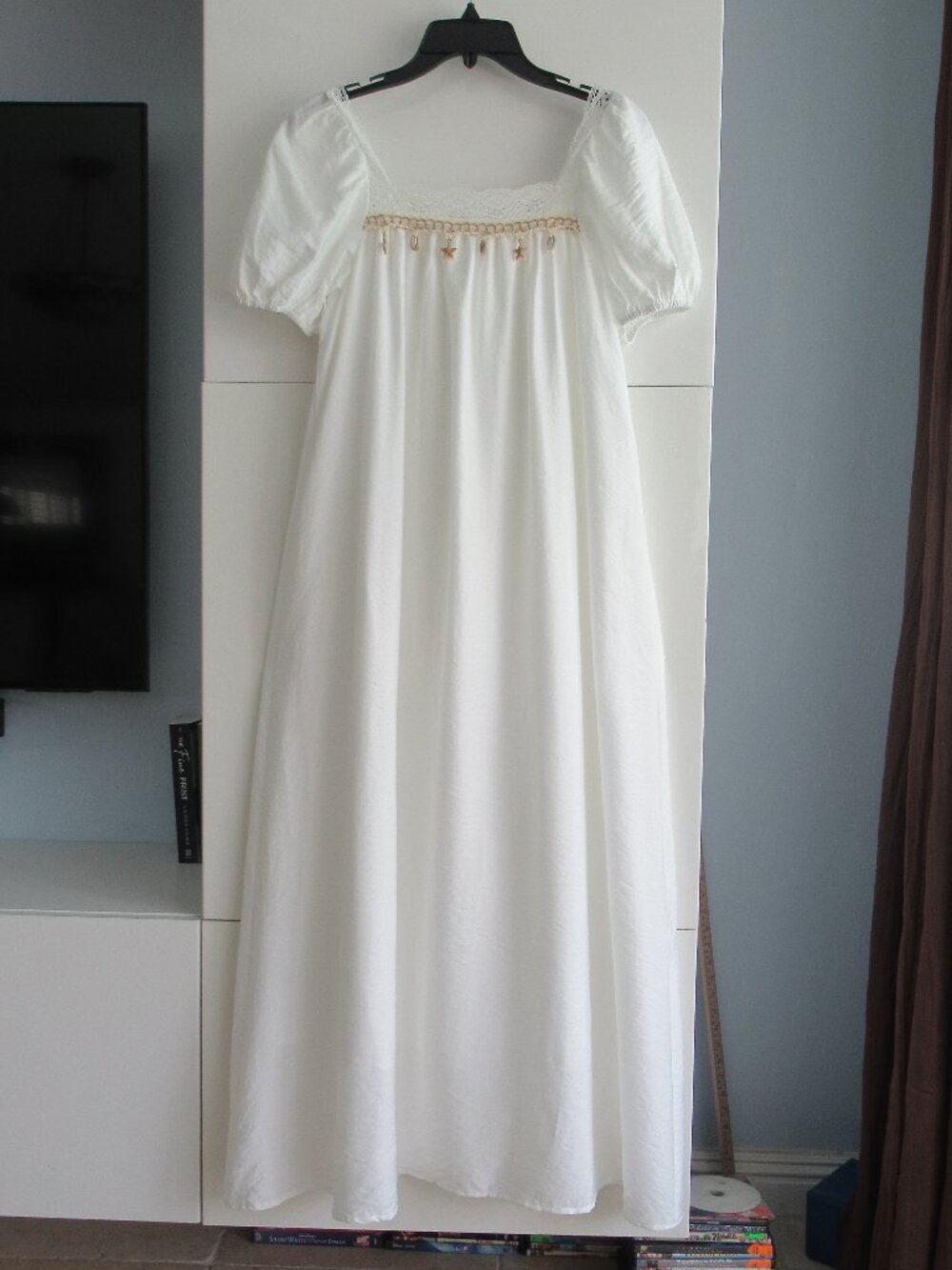 Flowy Summer Maxi Dress Sz S Lace Trim & Embellished w Seashells Fairycore White